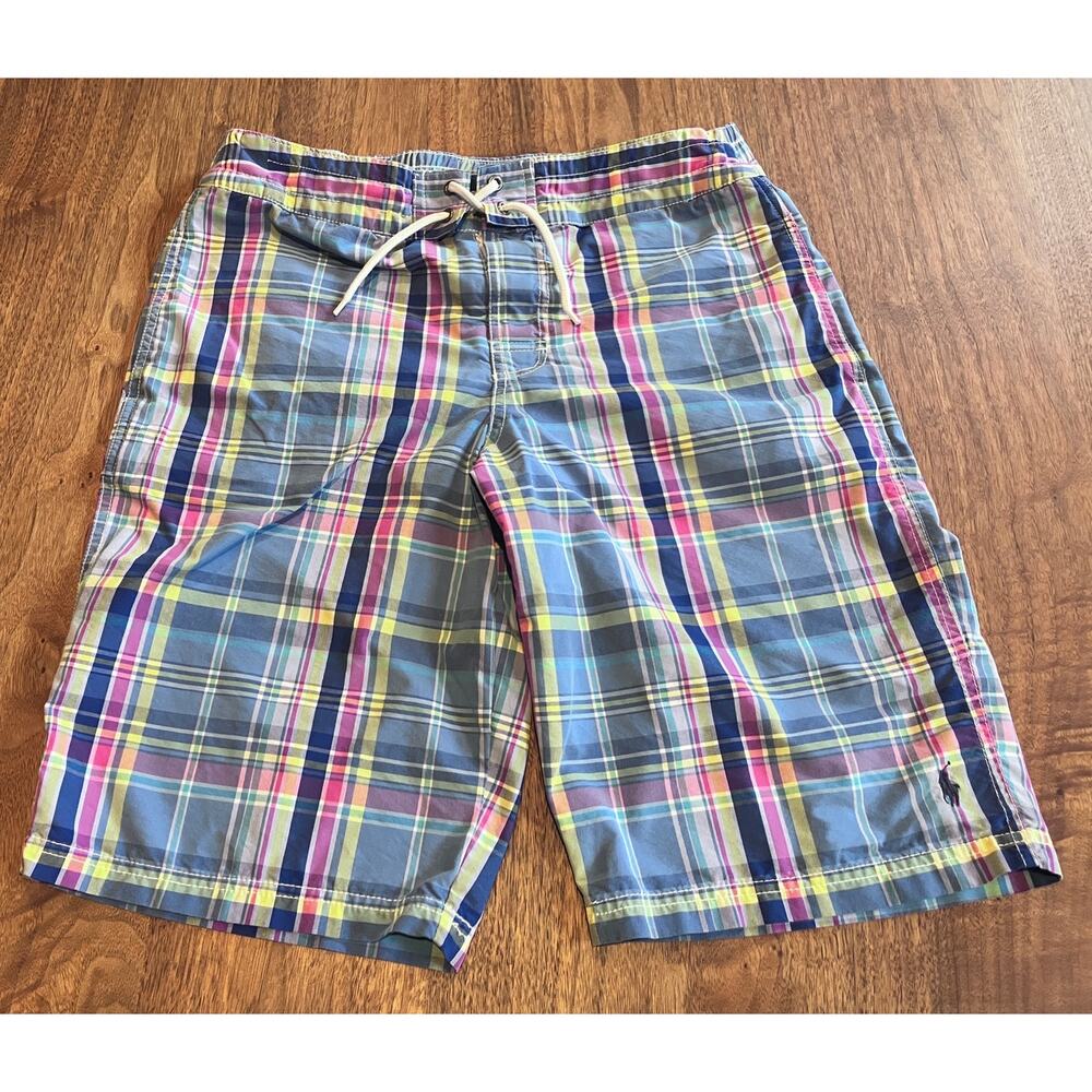 Polo Ralph Lauren Boys Plaid‎ Swim Trunks Shorts Blue Pink XL Drawstring